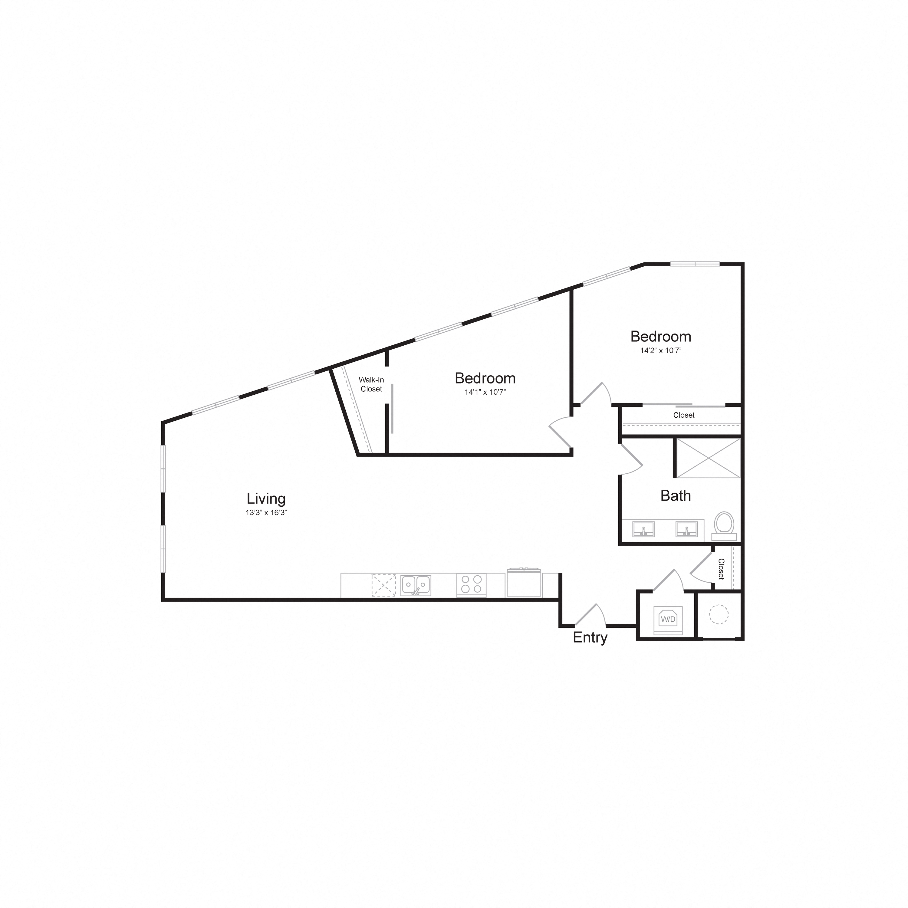 Floor plan for 2 beds, 1 bath, 1101 sqft